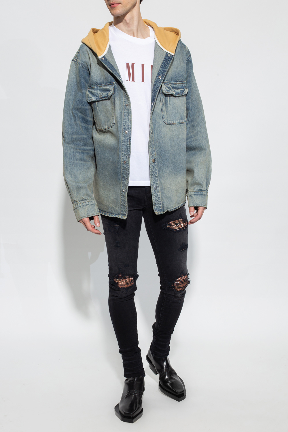 drawstring waist denim jacket Blau SchaferandweinerShops Anguilla Blue Hooded denim jacket Amiri